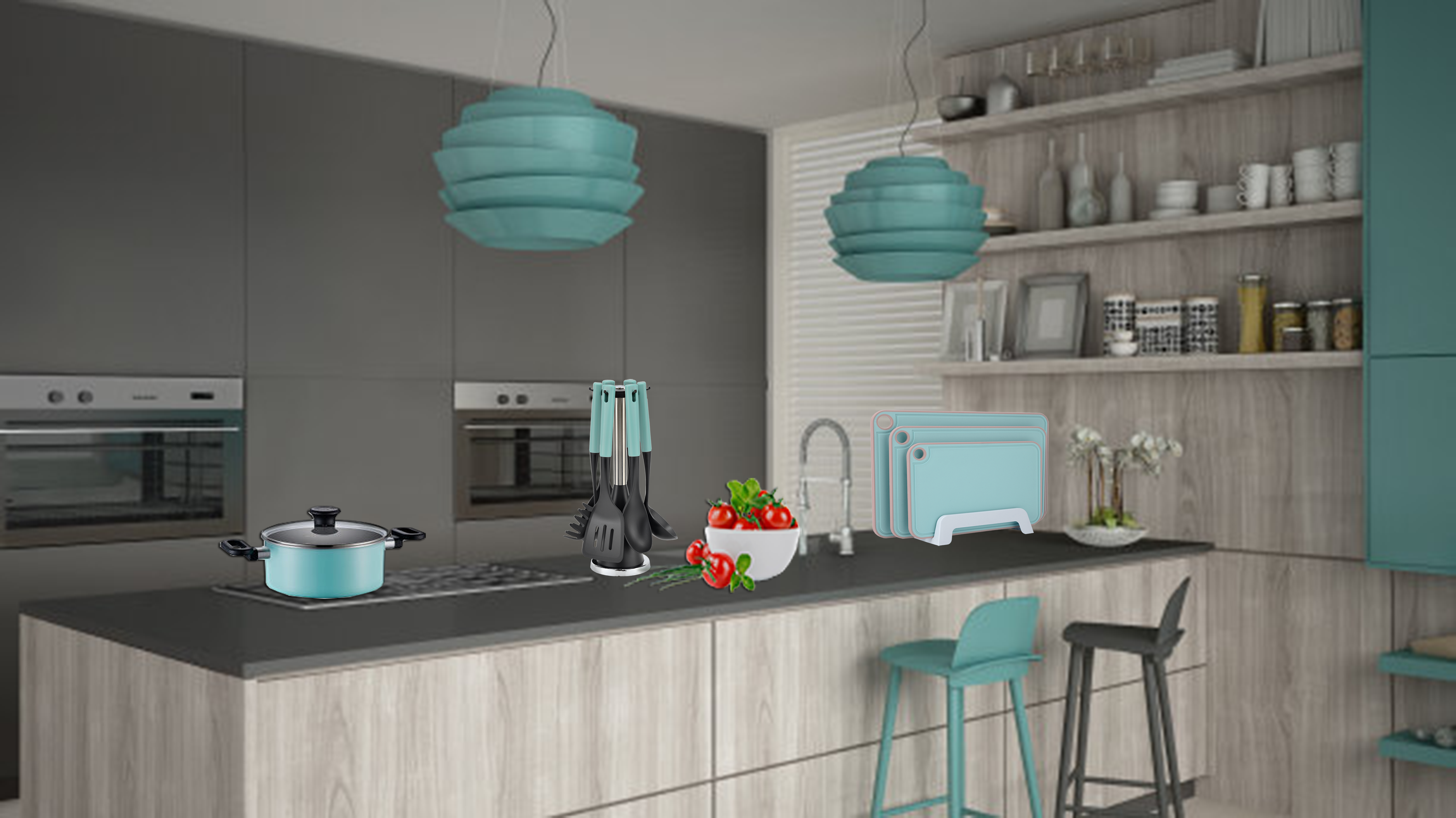 7-Piece Plastic Kitchen Utensils Set with Colorful Handle ABS and Wooden Effect Material