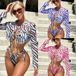 China Striped Printed 3 Piece Swimwear Shirt Collar Mesh Sexy Three Piece Bikini Set wholesale