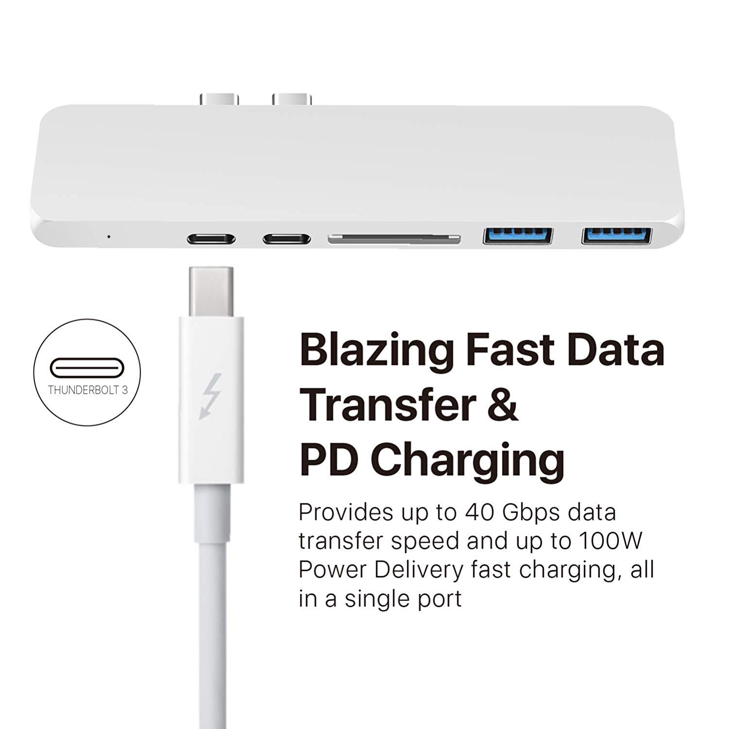 Best Type-C Duo Adapter 50Gbps MacBook Pro 2018 2017 2016 13" 15",USB-C 100W Power Delivery,USBC 5Gbps Data,4K