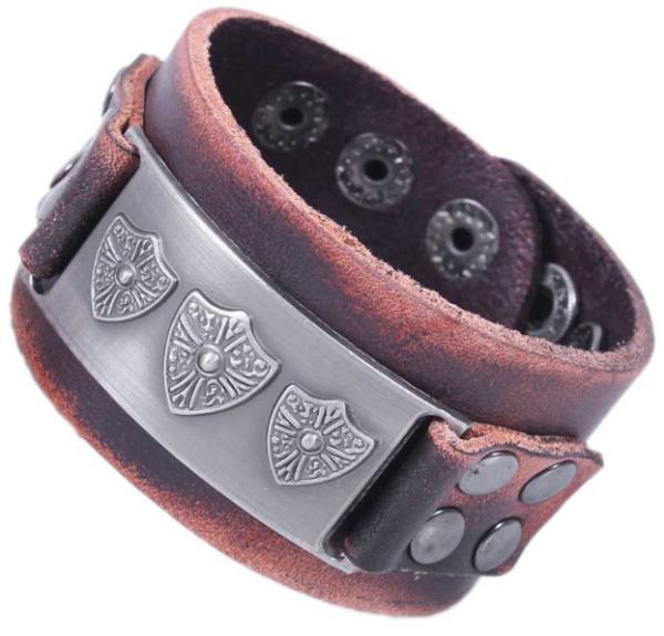 Quality Shield charm leather cuff with dots studs, men leather bracelets for sale
