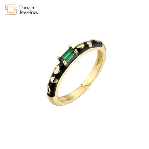 Adjustable Open Black Enamel Rings , Gold Plated Baguette Diamond Rings