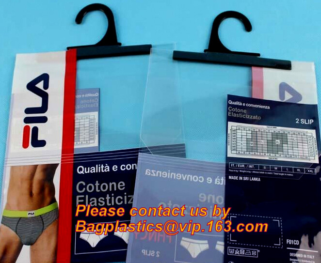 HOOK HANDLE POLYBAGS, RIGID HANDLE ZIPPER BAGS, SWIMWEAR BAGS,Custom Made Clothes Underwear PVC Packaging Bag with Hook