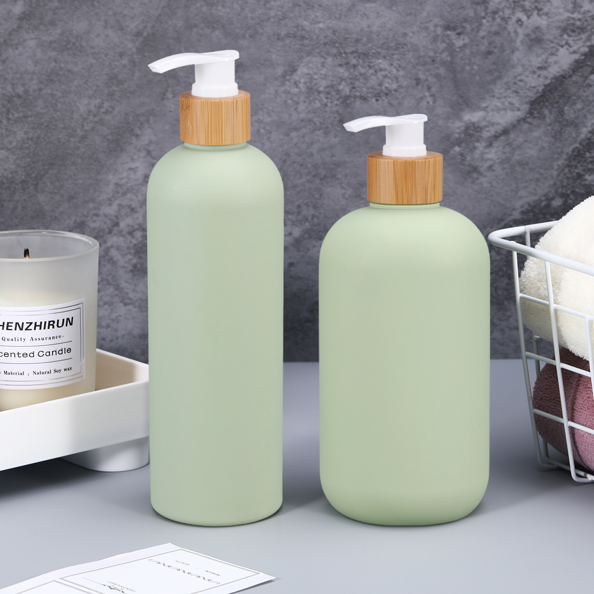 Shampoo Bottle with Bamboo Lid HDPE Plastic Type Soft Touch Empty Body Lotion Container