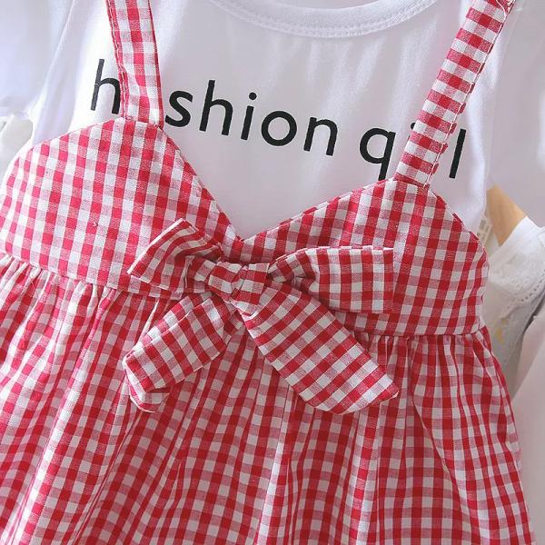 Black White Plaid Children'S Dress Clothing Round Neck Short Sleeve Dress With Bowknot