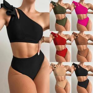 China One Shoulder Ruffled Two Piece Bikini Solid Color Split Sexy Swimsuits For Women wholesale