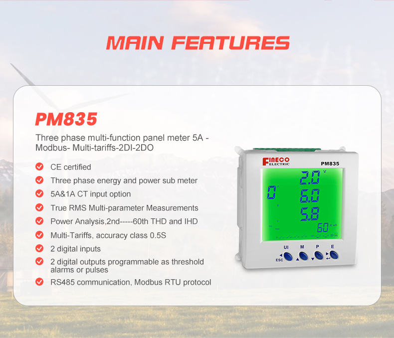 Install Panel Mounted PM835 96*96mm Solar Analog Panel Meter 5A AMR Energy Meter