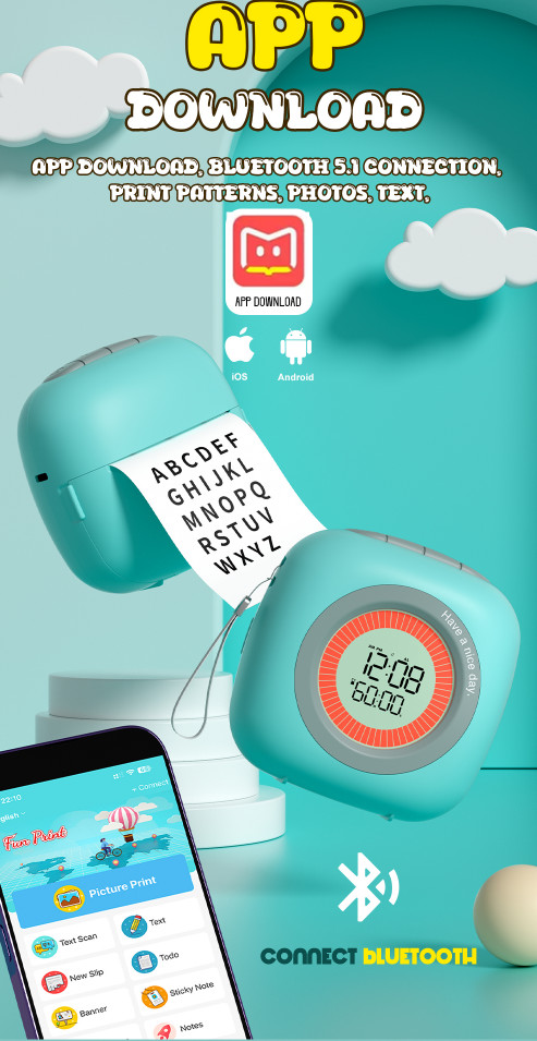 Bluetooth 5.1 Wireless Bluetooth Color Small Sticker Printer With Alarm Clock