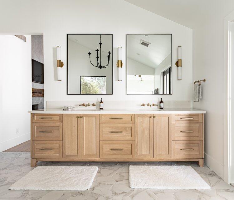 Simple Wood Grain Bathroom Vanity with Wall Mounted Double Sink and Basin Included