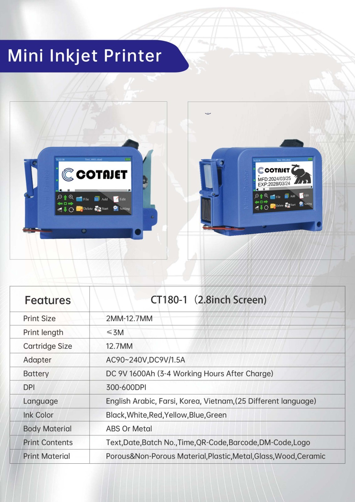 COTAJET Handheld Inkjet Printer Coding Machine / Mini Handheld Portable Inkjet Printer