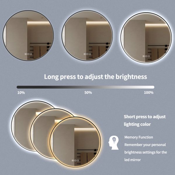 Round Aluminum Frame LED Bathroom Mirror With Touch Control and Adjustable Color Temperature