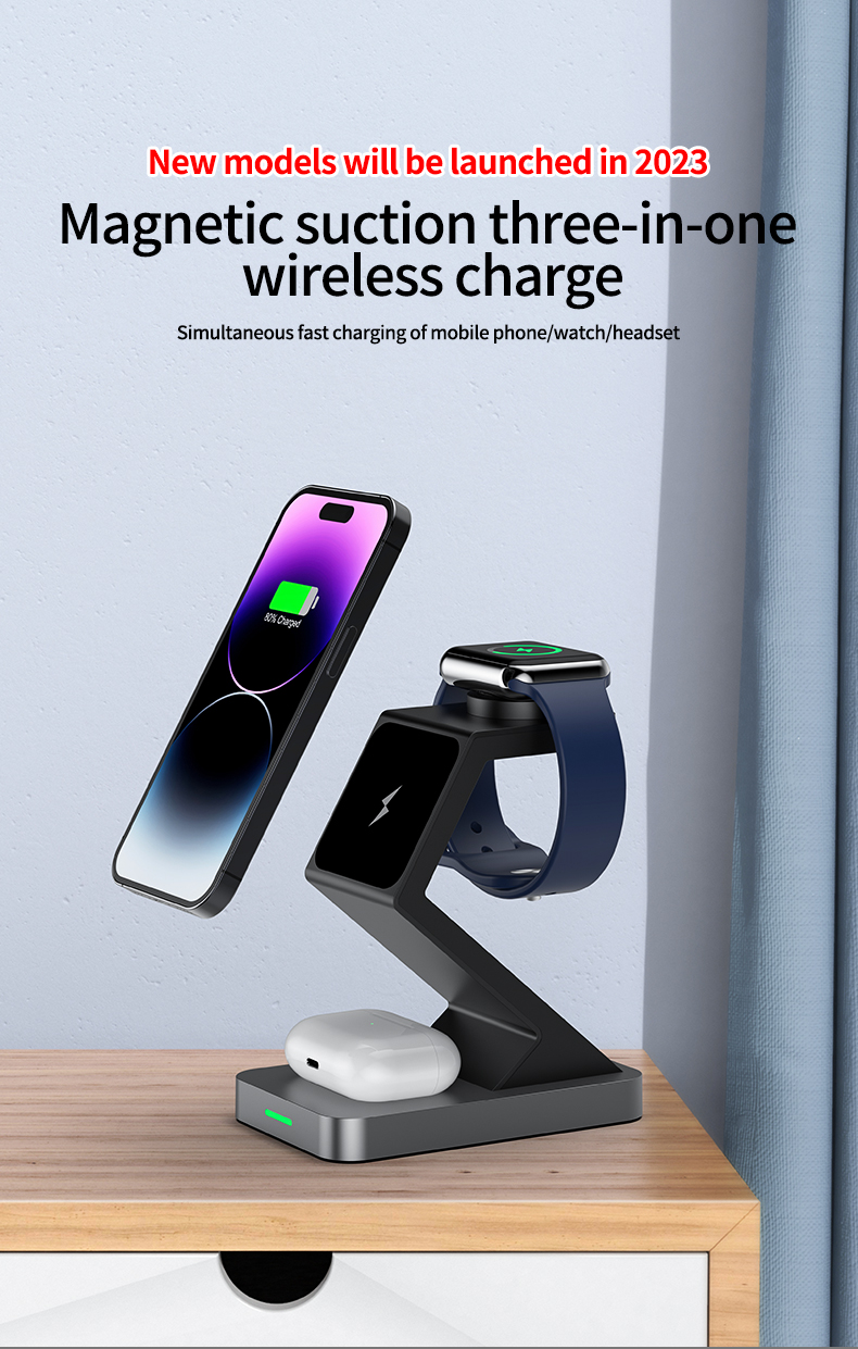 500PC Free Logo Service 3 In 1 Charging Station With Magnetic Wireless Charger Pad