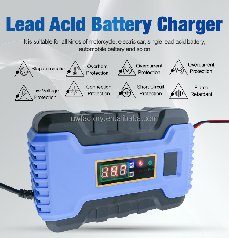 Electric Vehicle E-bike Scooter LCD Display 12V 6A Automatic Battery Charger for Maintenance-Free Dry Water Battery