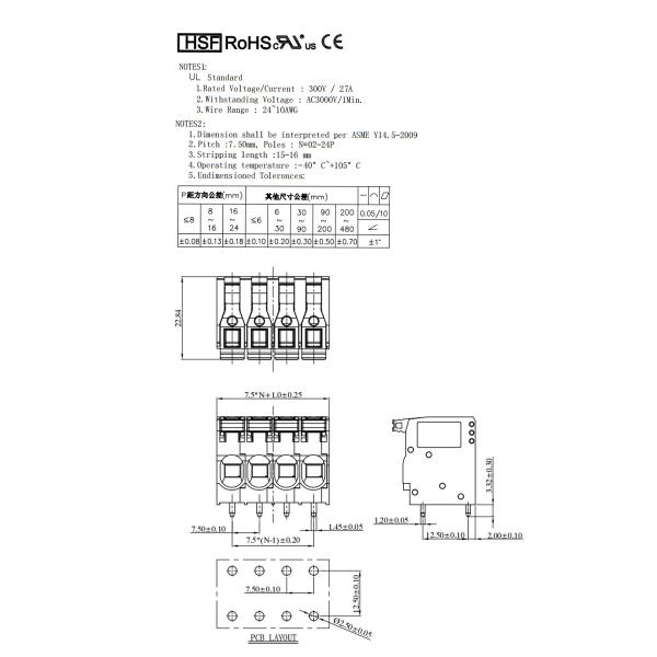 7.5mm Pitch Dual Row Push in Spring Crimping PCB Terminal Blocks 27A 300V