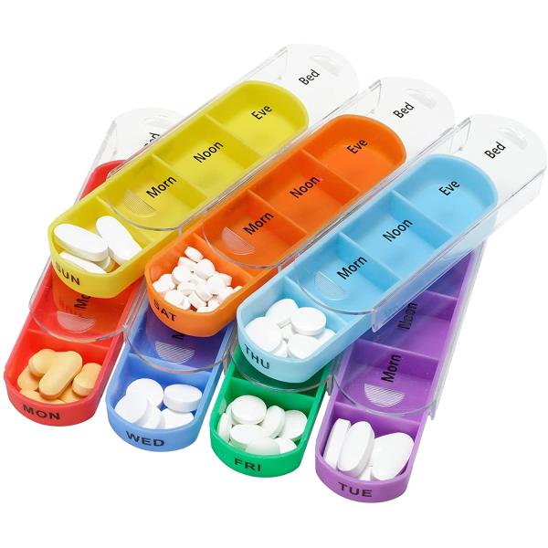 Pill Organizer Box Cute Travel Weekly Pill Box Medication Reminder Daily AM PM, Day Night 7 Compartments-Includes Black Leather