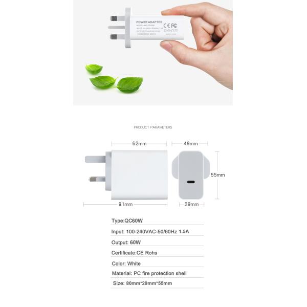 UK 2P PD  Charger with USB - C  60W