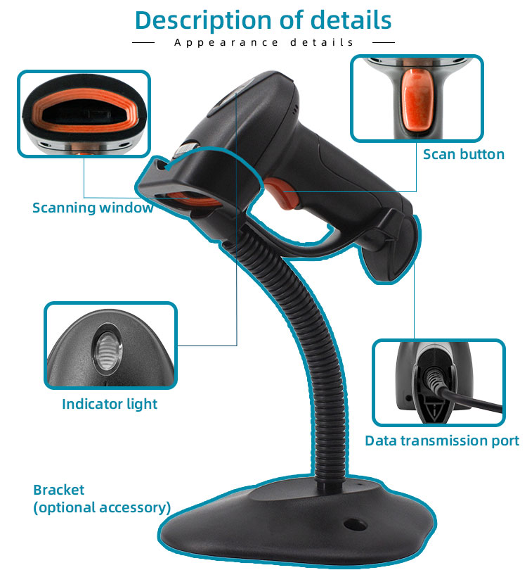 160mm*66mm*90mm U11-C Wired Barcode Scanner 1D Handfree USB Interface with Base Stand
