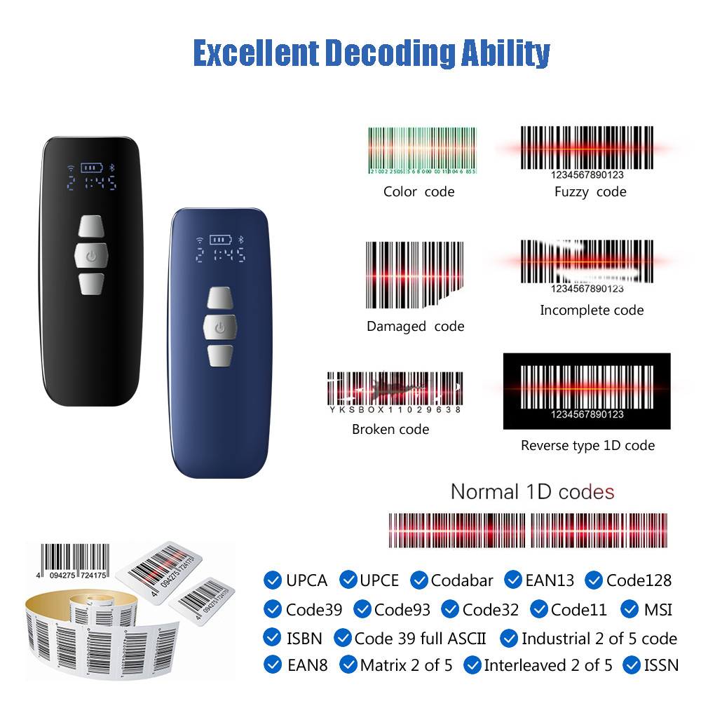Small CCD Barcode Scanner 1D Wireless Portable Reader With Blue Tooth