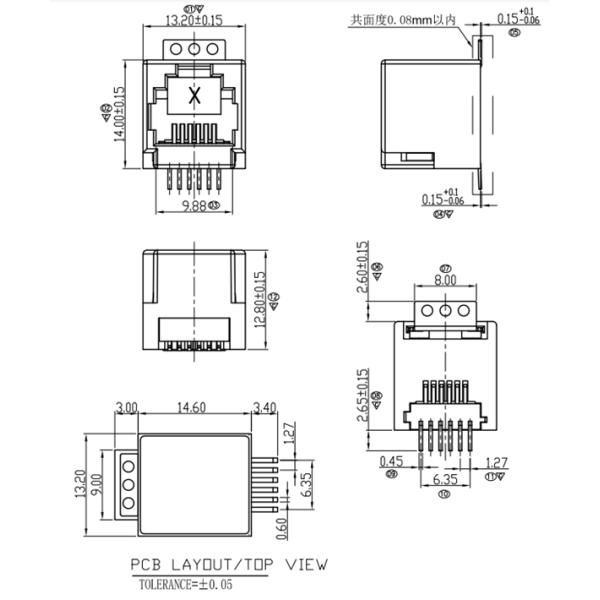 6p6c 1X1 Port SMT RJ45 Jack Female / Rj45 Modular Connector TM52S511SXX31
