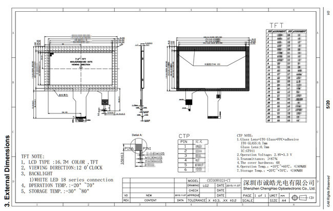 ISO9001 200cd/M2 TFT LCD Touch Screen CTP I2C G+G CTP Type