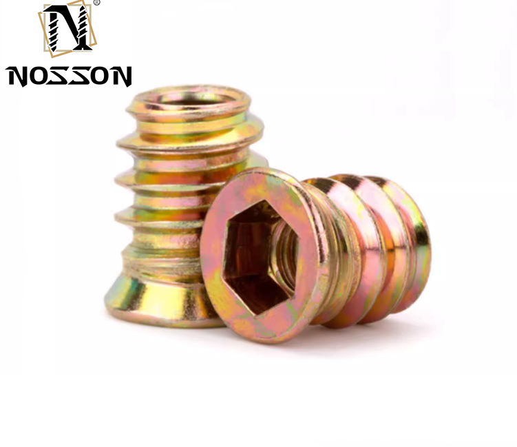 Professional Carbon Steel Hex Socket Thread Wood Nut Thread Inserts DIN Standard Cadmium Plated for Automotive Industry