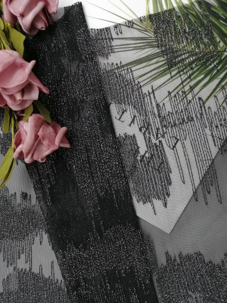 Quality Black Metallic Lurex Geometric Line Silver Embroidered Lace Fabric for sale