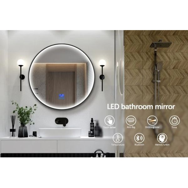Round Aluminum Frame LED Bathroom Mirror With Touch Control and Adjustable Color Temperature