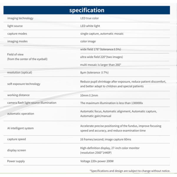 True Color Wide Field Fundus Camera with 8μm Optical Resolution and 27-inch HD Color Monitor for Retinal Imaging