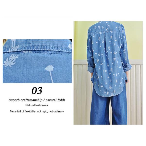 100% Cotton Chambray Long Sleeves Shirt , Loose Fit Blouses For Young Ladies