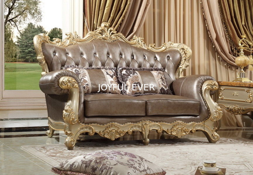 French style Luxury design of Living room Sofa sets 1+2+3 used Beech wood Carving and Import Italy Leather Furniture