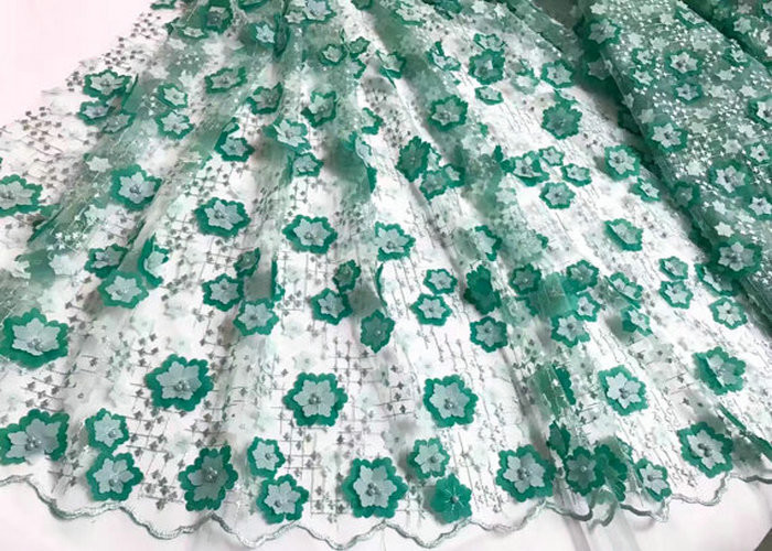 Colored Handmade 3D Flower Lace Fabric , Scalloped Embroidered Mesh Lace Fabric