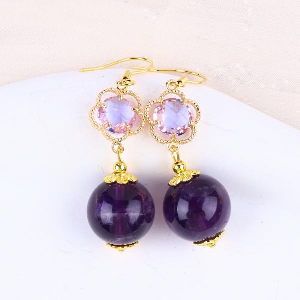 Handmade Amethyst Natural Crystal 14MM Big Round Shape Beaded Short Dangle Earring For Jewelry Gift