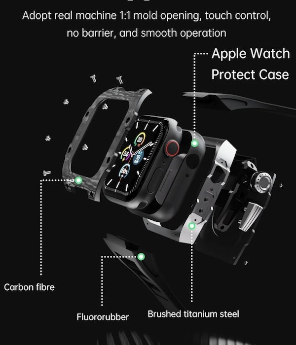Apple Watch Band 44mm/45mm Luxury Carbon Fiber Watch Case,Men Rugged Case And Fluorine Rubber Wristband Compatible A