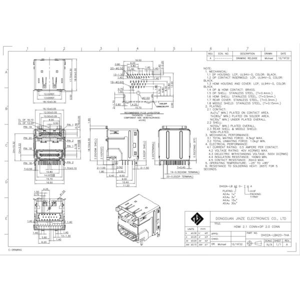 Stacked Micro DIP HDMI PCB Mount USB Socket With LCP UL94V-0 Black