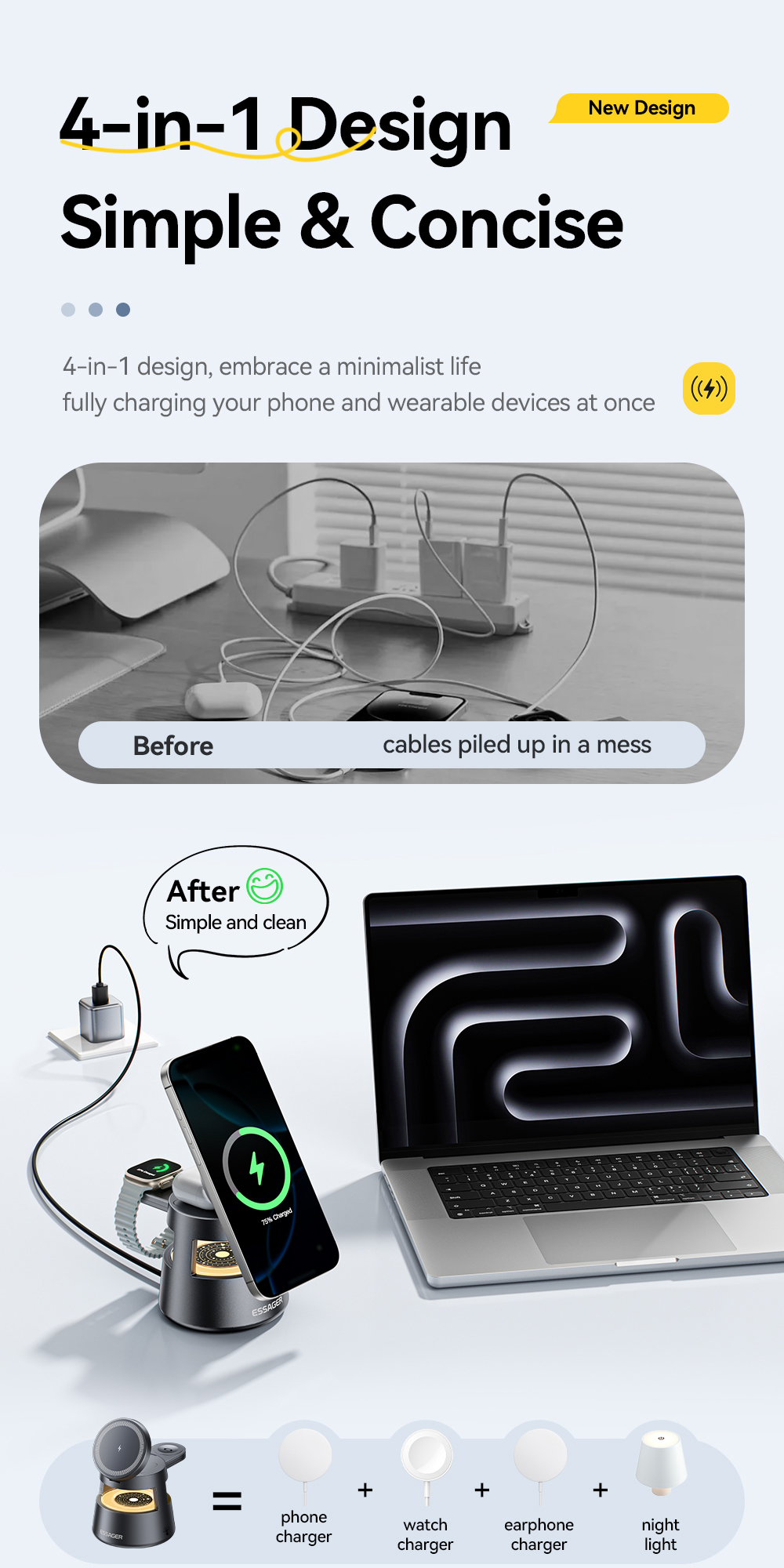 ESSAGER OJD-132 Foldable 4 In 1 15W Magnetic Wireless Charger Stand Station With Led Light For Watch Earphone Phone