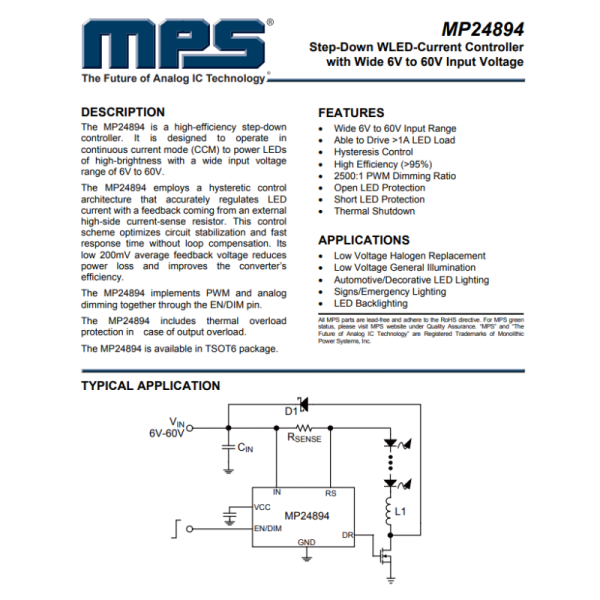 MP24894GJ-Z LED Driver IC 1 Output DC DC Controller Step-Down (Buck) Analog, PWM Dimming TSOT-23-6