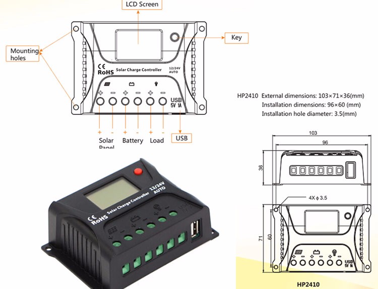 12 Volt 10 Amp Solar Charge Controller PWM USB PWM Controller For Home Use