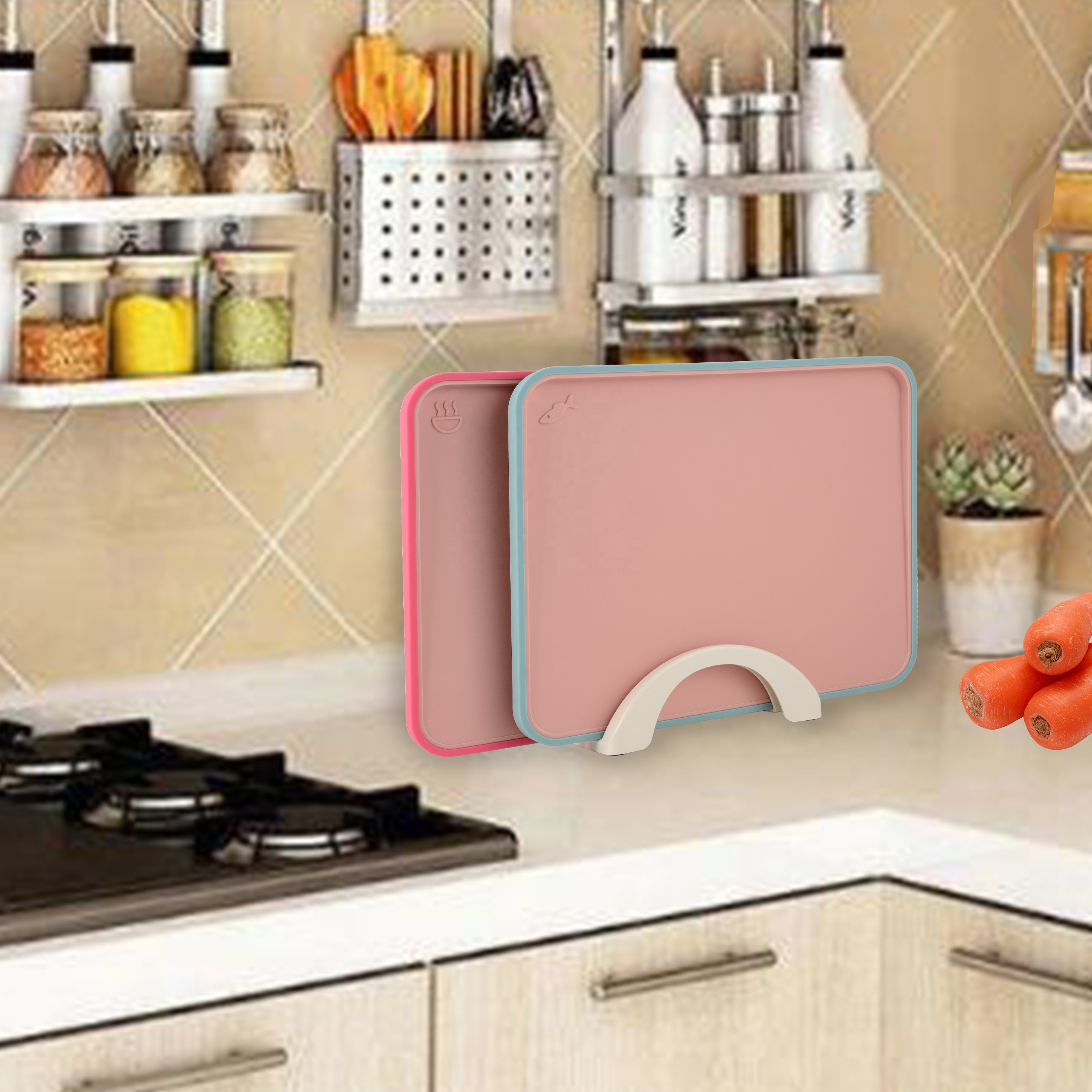 Custom Colored PP Chopping Blocks With Tray Index Plastic Cutting Board Set Large Size