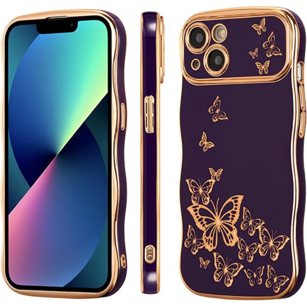 iPhone 13 girl phone case, curly wave frame, luxury plated butterfly pattern, TPU gold rim shock-proof lens protection