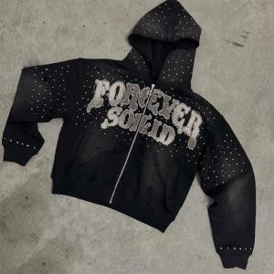 China Embroidery Patch Logo Streetwear Mens Hoodies Rhinestone Hooded Sweatshirt wholesale