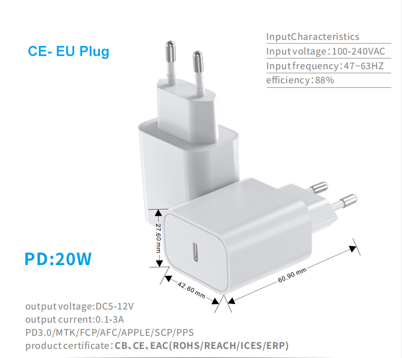 Type C Electronic Accessories 20W PD Fast Charger European Plug Charges For Cell Phones