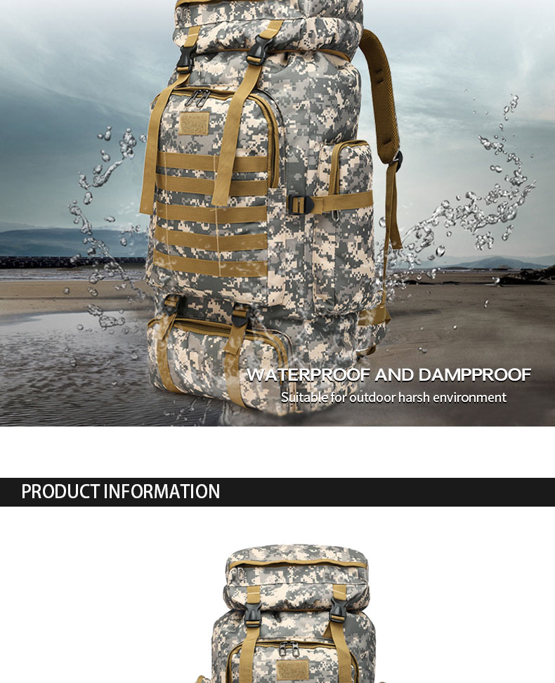 Soft Handle 80L Waterproof Multi-Function Camouflage Hiking Bag for Mountain Training