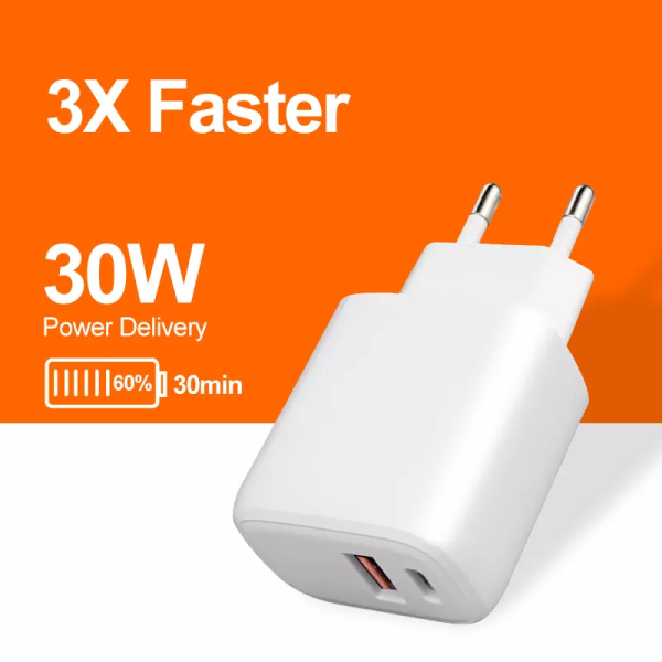 EU Plug 30W A C Charger PD Adapter for Fast Charging Laptops/Projectors