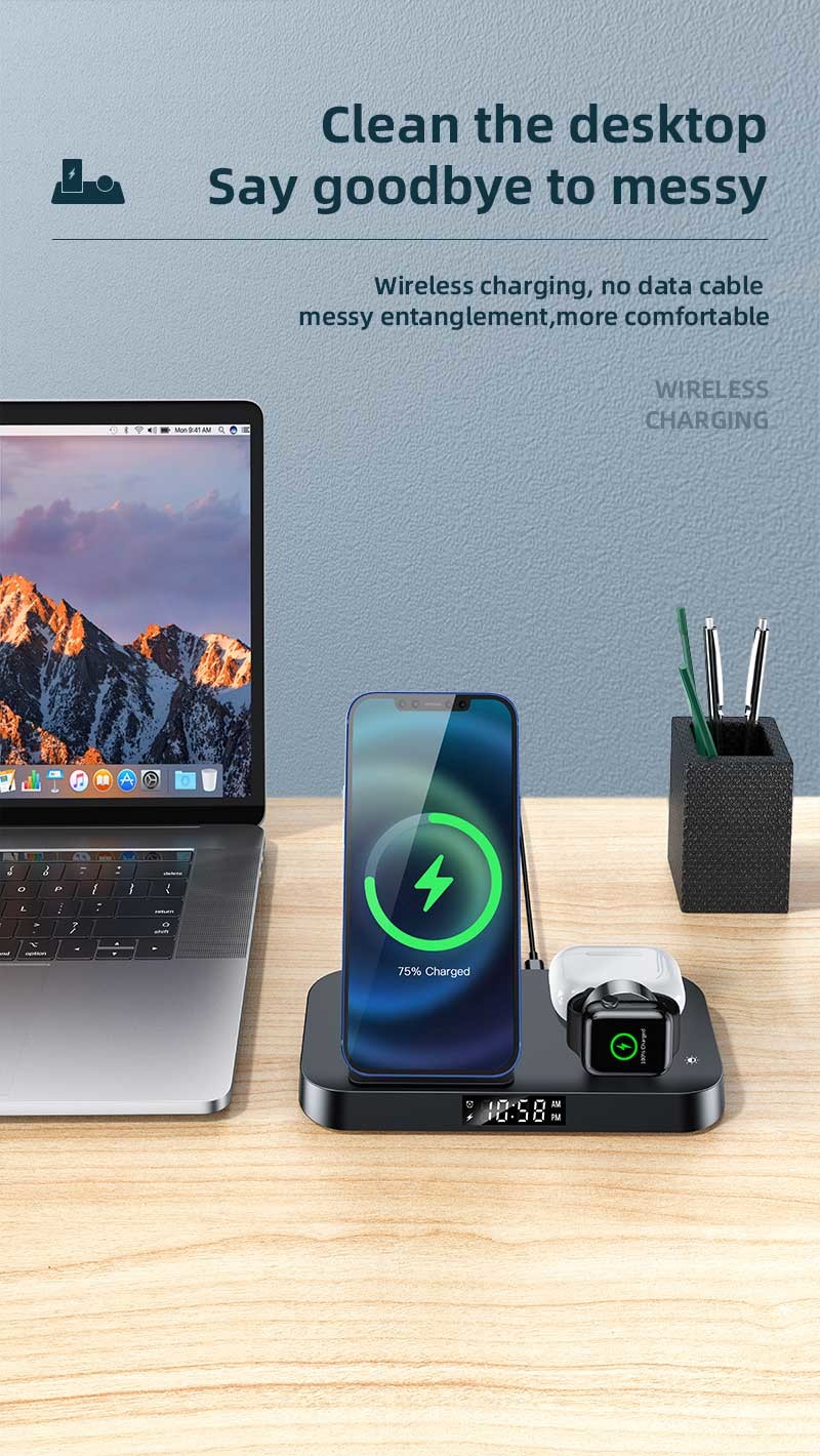Plastic Qi Desktop Wireless Charger Alarm Clock 15W Foldable 6mm