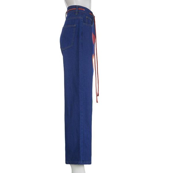 Small Quantity Clothing Factory Women'S Love Print Straight Leg Jeans With Tie-Up Trousers
