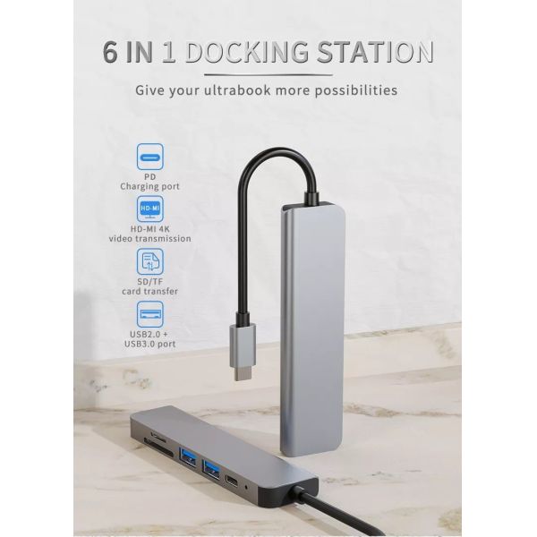 Usb Multiport 6in1 Docking Station Displayport Hub For Chromebook PD77W SD/TF Reader
