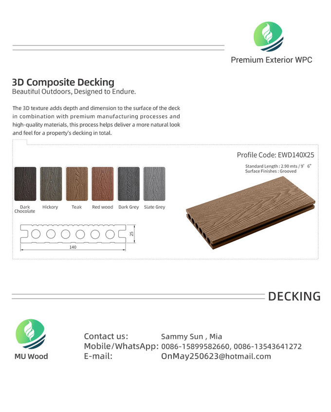 Sturdy WPC 3D Composite Decking Lightweight Hollow Profile With Squared Holes