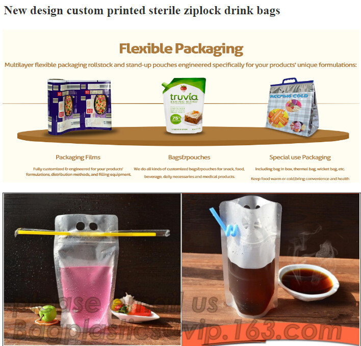 biodegradable eco-friendly FDA clear juice sealed drink pouches translucent reclosable hand held zipper plastic drinking