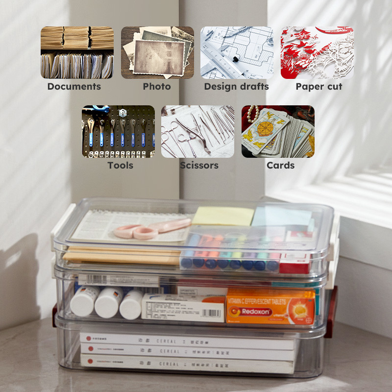 Clear A4 Document Storage Box with Wine Red Snap Tight Lid PET Files Documents Magazines Notebooks Box Organizer Holder Desk