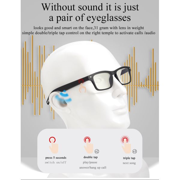 3015 Chip 16 MB Black Bluetooth Glasses IP5 Waterproof Level With Two Lens