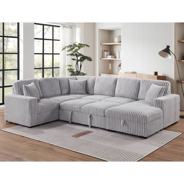 U-Shaped Sectional Sleeper Sofa with Pull Out Bed and Storage Chaise Lounge and USB Charging Port, Gray Corduroy Fabric